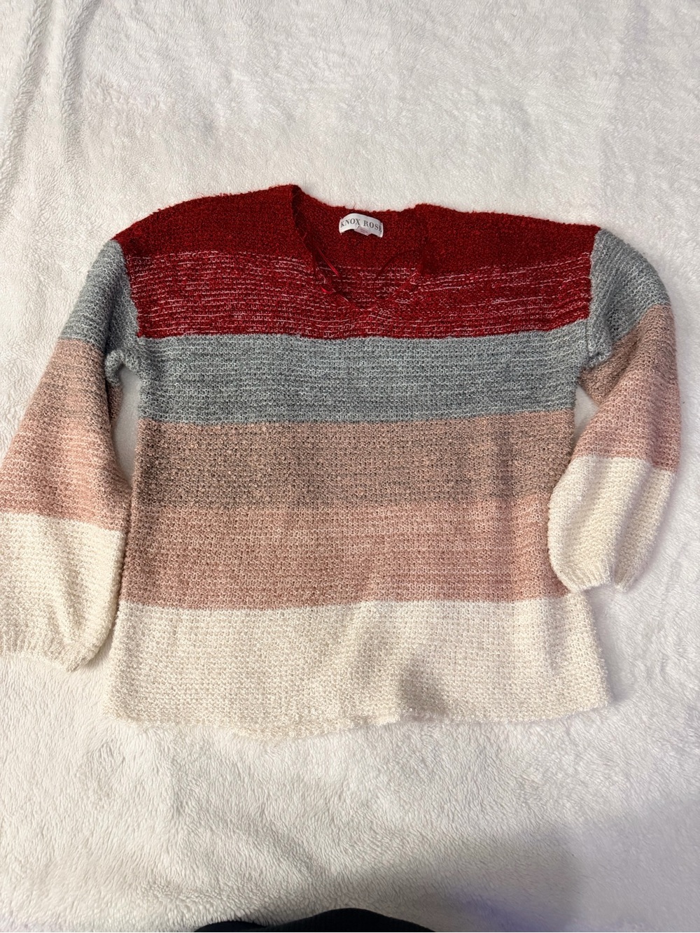 Knox Rose Striped V-Neck Sweater - Red, Gray, Pink, Cream